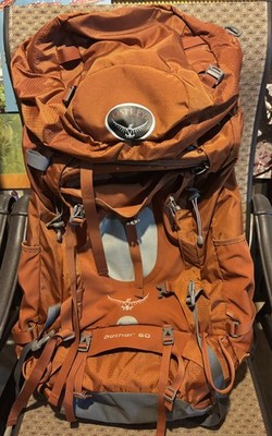 Osprey Aether 60L Orange Hiking Camping Backpack with 100 oz. Bladder & Grab Bag