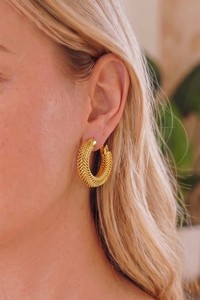 Authentic 18K White Gold Plated Hollow Chevron Textured Open C Hoop Earrings 1.15 In