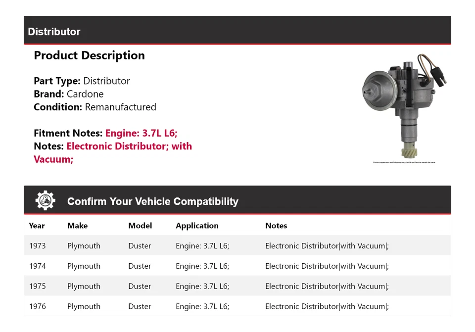 For 1973-1976 Plymouth Duster 3.7L L6 Distributor Cardone 1974 1975 - Image 2 of 4