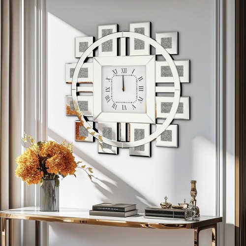 Sparkle Crushed Diamond Silver Mirrored Stylish Elegant Large 60x60cm Wall Clock - Picture 26 of 36