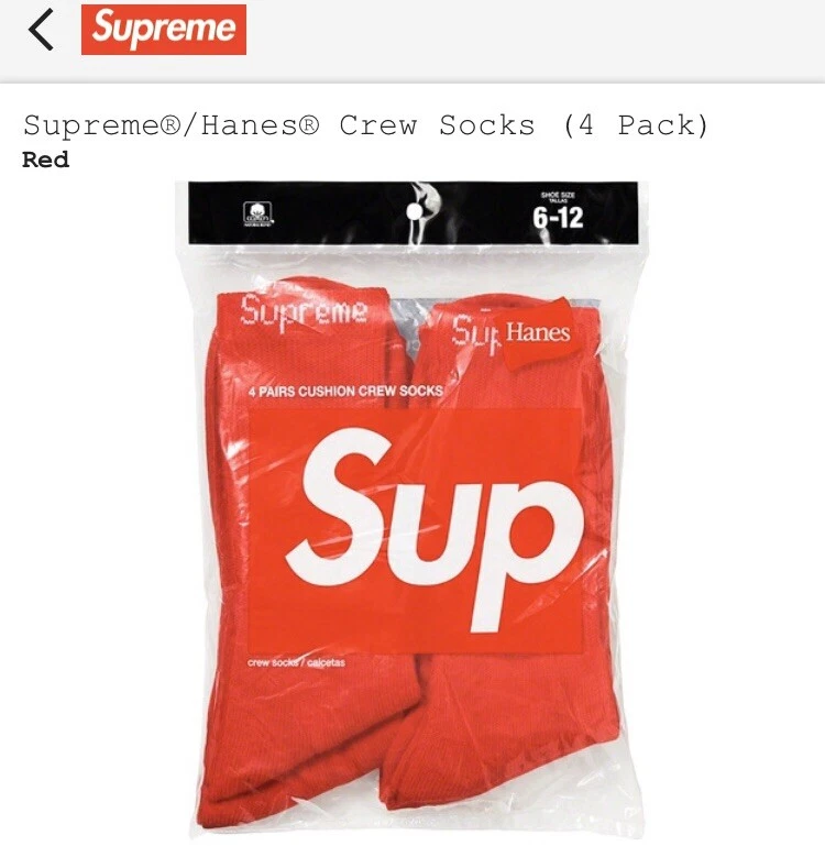SUPREME X HANES ROUGE CREW CHAUSSETTES X4 PACK TAILLE 6 12