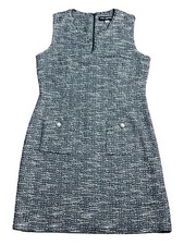 Karl Lagerfeld Paris Black Tweed Shift Dress Sz 12 V-Neck Pearl Accent Pockets