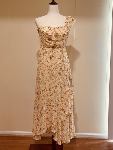 NWT Lush One Sleeve Asymmetrical Ruffle Floral Midi Dress Yellow Multi M