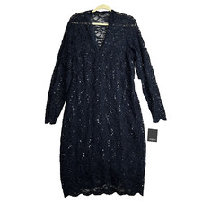 Marina Sequin Lace Dress Round Neck 3/4 Sleeve Runched Waist Navy Women 20W