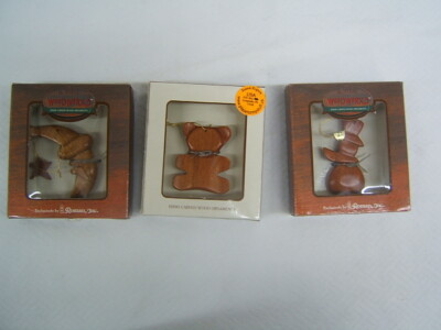 Lot of 3 Al Myers' Woodworks Hand Carved Wood Ornaments Teddy, Snowma & Moon MIB