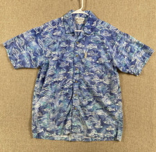 Columbia Sportwear Mens Hawaiian Shirt Medium Blue Cotton w/ Fish Pattern
