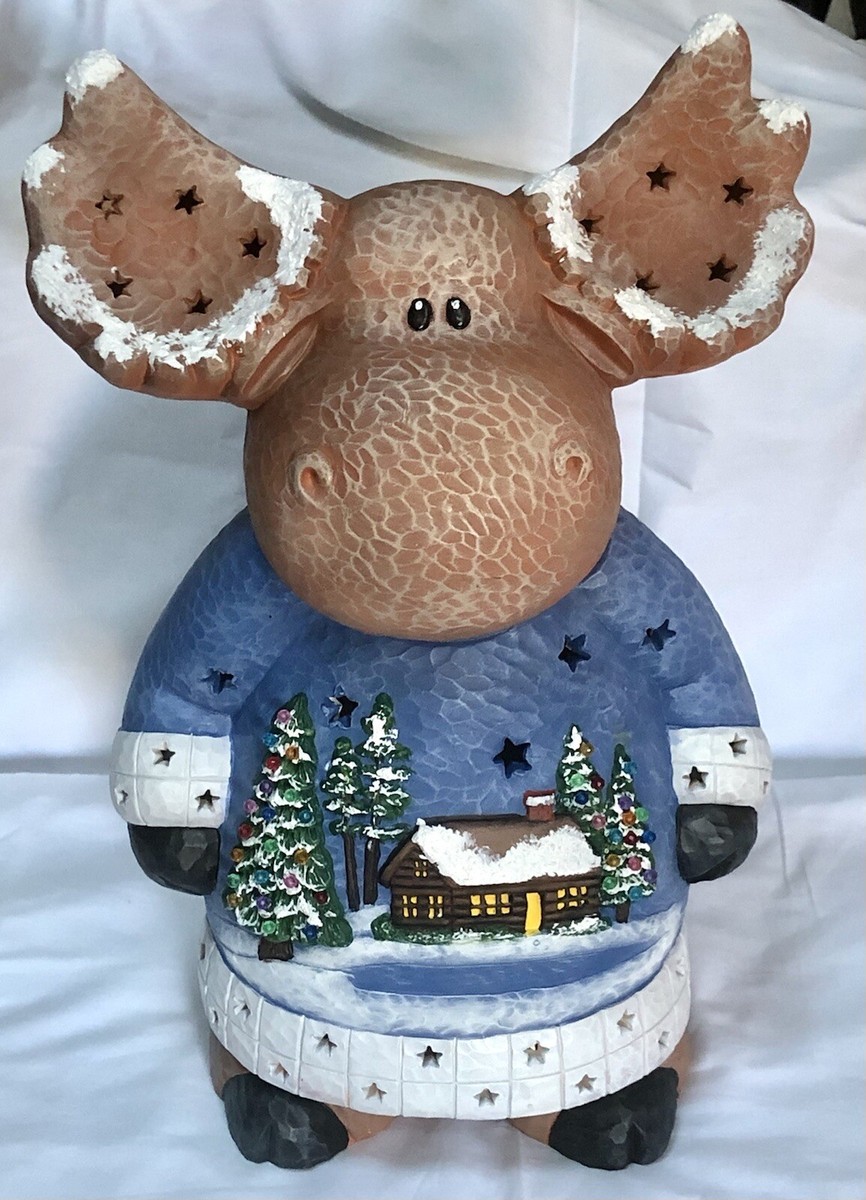 Clay Magic Christmas Cabin Scene Moose Light Up Ceramic Holiday