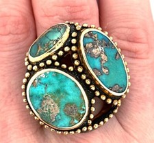 Vintage One Of A Kind Design Persian Turquoise Vermeil 3 Stone Statement Ring