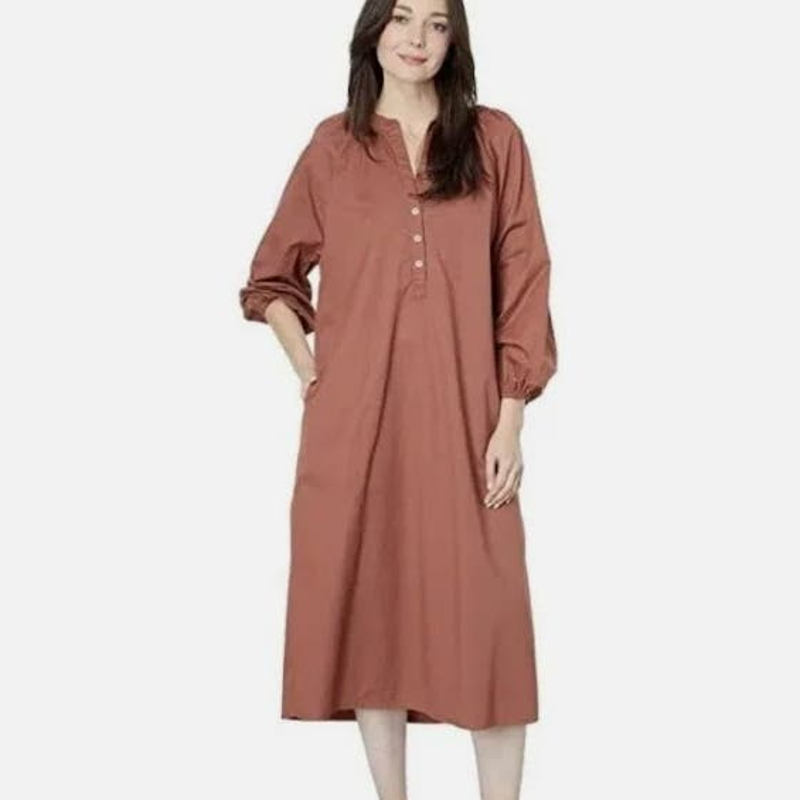 NWT SUNDRY Brown Raglan Cotton Woven Henley Dress Womens Size US