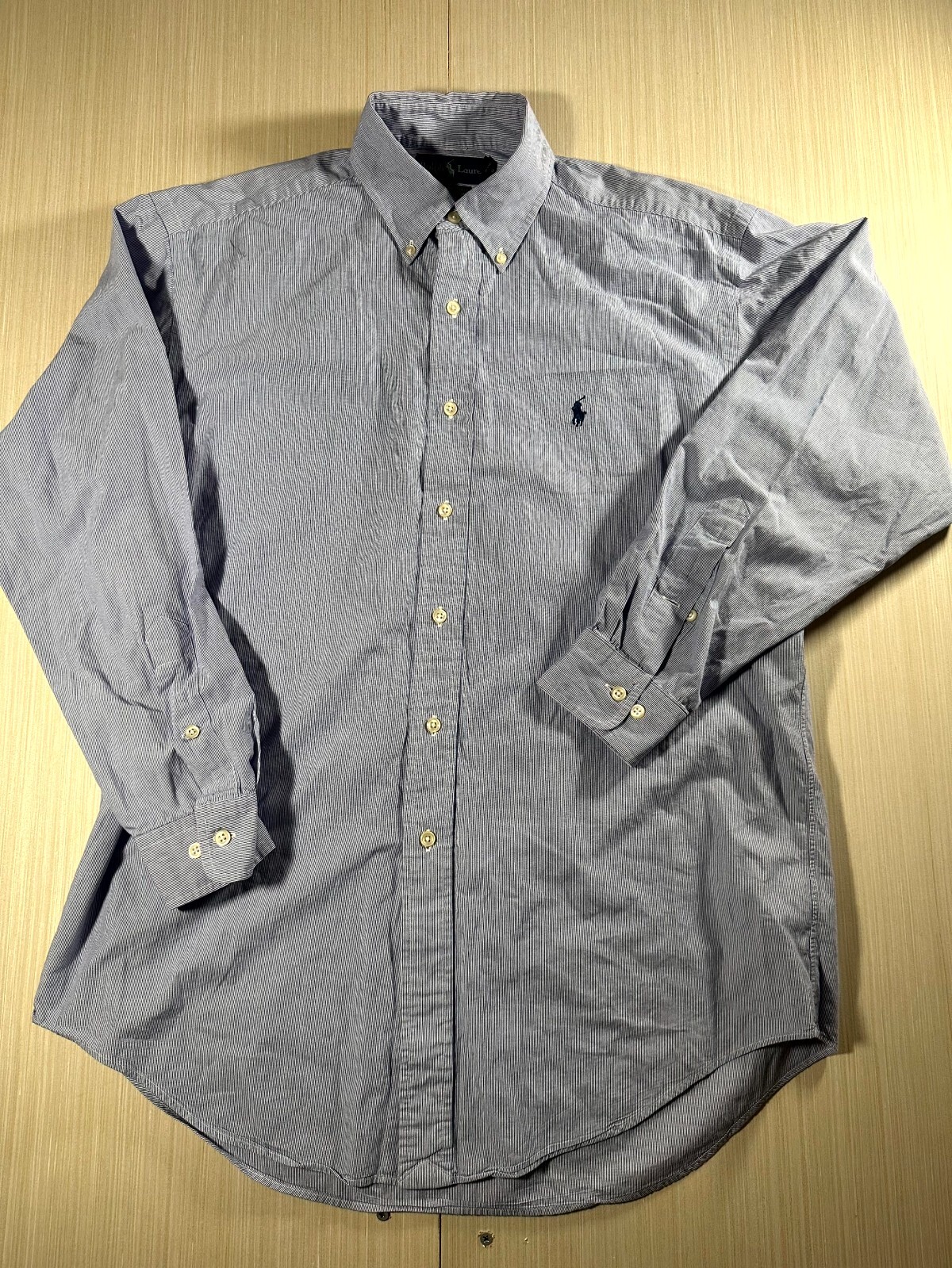 Ralph Lauren Dress Shirt Mens 15.5 White Blue Pinstripe Long Sleeve Button Down