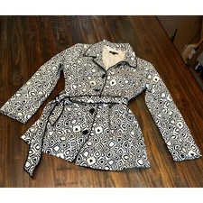 AB Studio Jacket Lined Black White Geometric Print Belted  Coat - Size 10