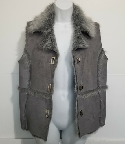 Women's Lisa International Gray Silver Faux Suede/Fur Lined Vest Washable Sz S - Picture 2 of 9