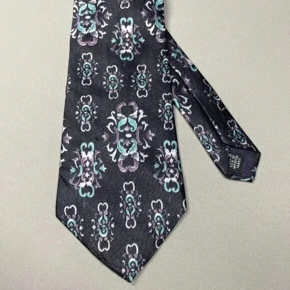 Gravata Christian Dior Monsieur masculina preta roxa azul seda filigrana designer floral - Imagem 2 de 4