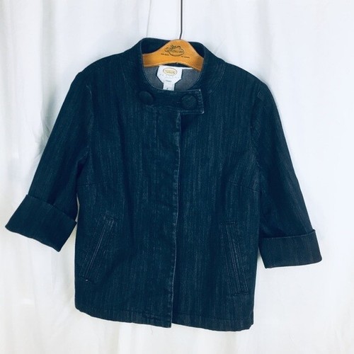 Talbots Stretch Dark Blue Denim Button Front Coat Jacket 3/4 sleeve PETITE S - Picture 2 of 5