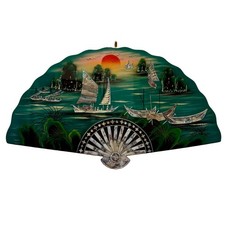 VTG Asian Handcrafted Lacquer Fan Wall Hangin...