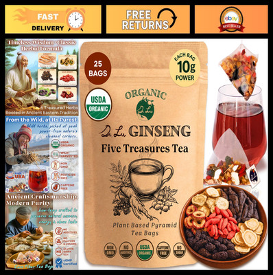 Organic Ginseng Five Treasures Tea - Kidney Cleanse Detox with Maca Root, 20 Bag