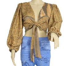 Sushila Vintage Balloon Sleeve Bohemian NEW Recycled Brown Silk Saree Top Retro