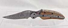Damascus Folding Knife 4" Blade Wood Handle Non Locking Pocket Knife w Sheath