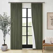 Olive Green Pinch Pleated 100 Blackout Linen Curtains for Bedroom 84 Inch Le...