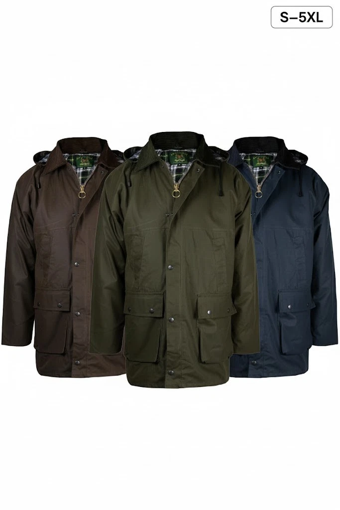 Mens Wax Jacket Coat Knee Length Outdoor Workwear with Detachable Hood S–5XL
