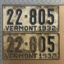1932 Vermont license plate pair 22 805 YOM DMV original DEUCE COUPE V8 20189