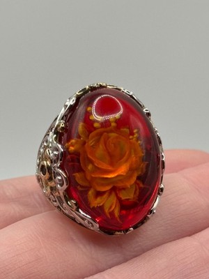 Michael Valitutti Gems En Vogue Carved Amber Rose Flower Sterling Silver Ring