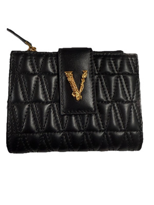 GIANNI VERSACE Virtus Quilted Bi-fold Wallet Black Gold Leather NWT