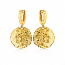 Roman Coin Drop Earrings Sterling Silver Gold Plated Huggie Hoop Earrings