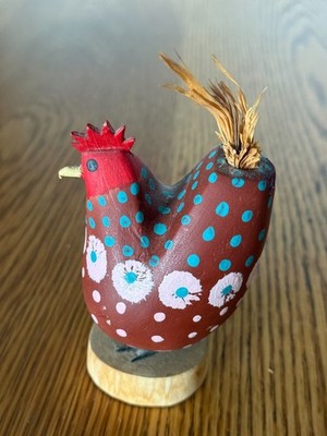 Vintage Hand Carved Wooden Chicken Figurine Folk Art Farmhouse Decor