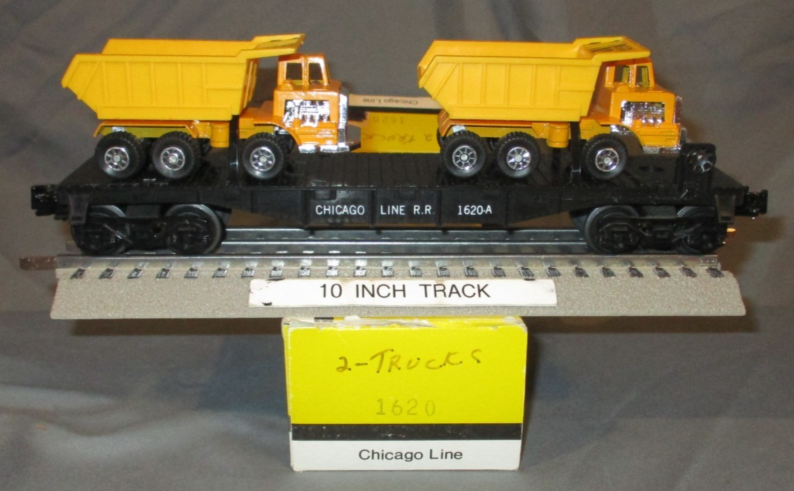 Chicago Line RR 1620-A Flatcar w/ Dump Trucks x2 Ld. O/027 ga wks w ...