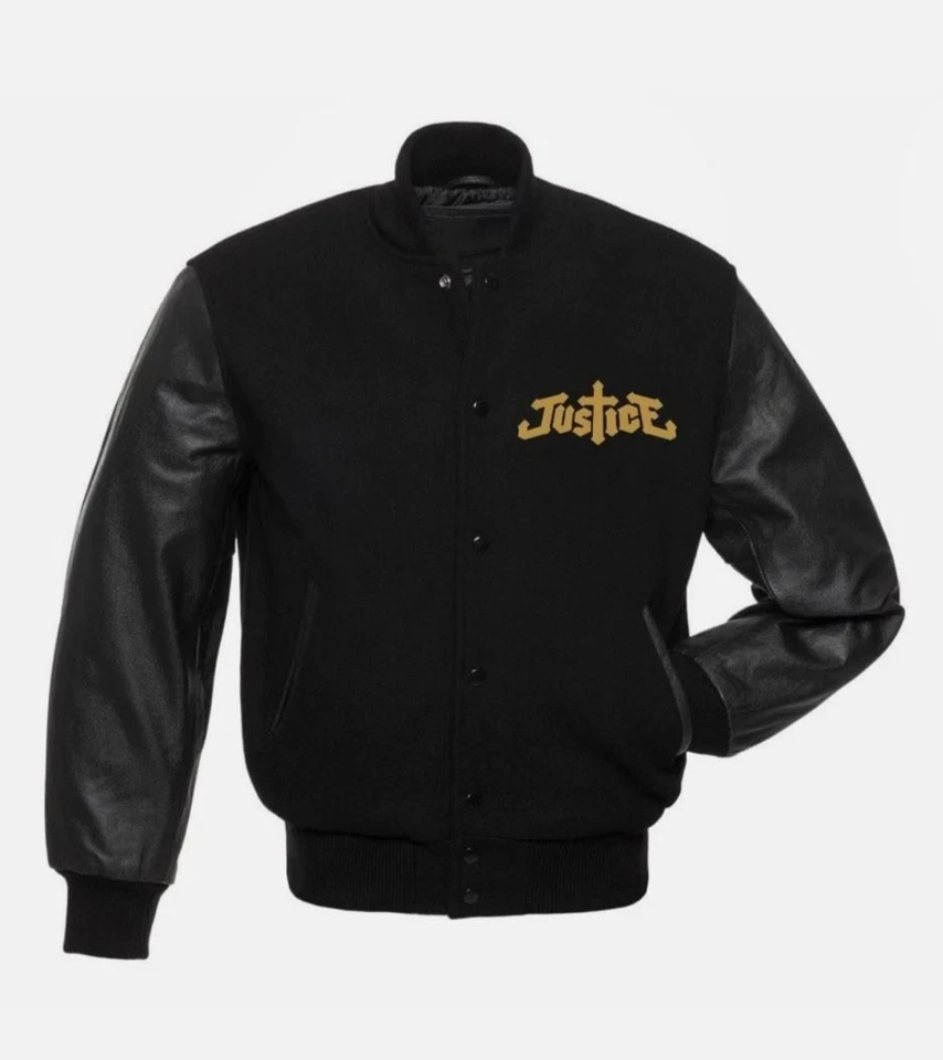 Justice Cross Letterman varsity jacket All Black With Genuine Leather Sleeves - Image 2 of 3