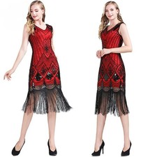 Women Vintage Style Fringe Sequin Dress Bling Party Dance Sleeveless V-neck Cute