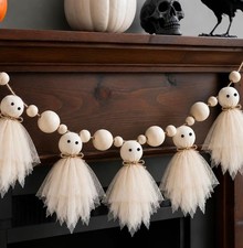 6.5Ft Halloween Ghost Garland with Wooden Beads, Handmade Cute Ghost Decor