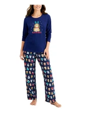 FAMILY PJs Womens Bah Humbug Blue Long Sleeve T-Shirt Straight leg Pajamas M