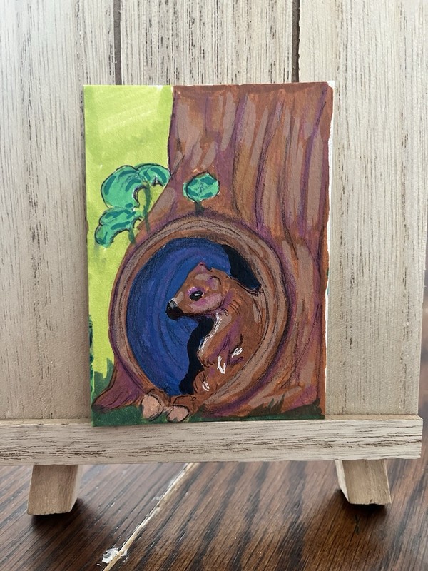 ACEO Original Squirrel Home Woodland Animal Acrylic Art Forest Illustration
