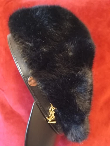 Yves Saint Laurent Vintage Gold Pin Black Faux Fur Cap Hat Style Dior Paco Raban