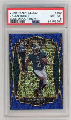 2020 PANINI SELECT FOOTBALL #150 JALEN HURTS RC BLUE DISCO PRIZM 1/25 PSA 8