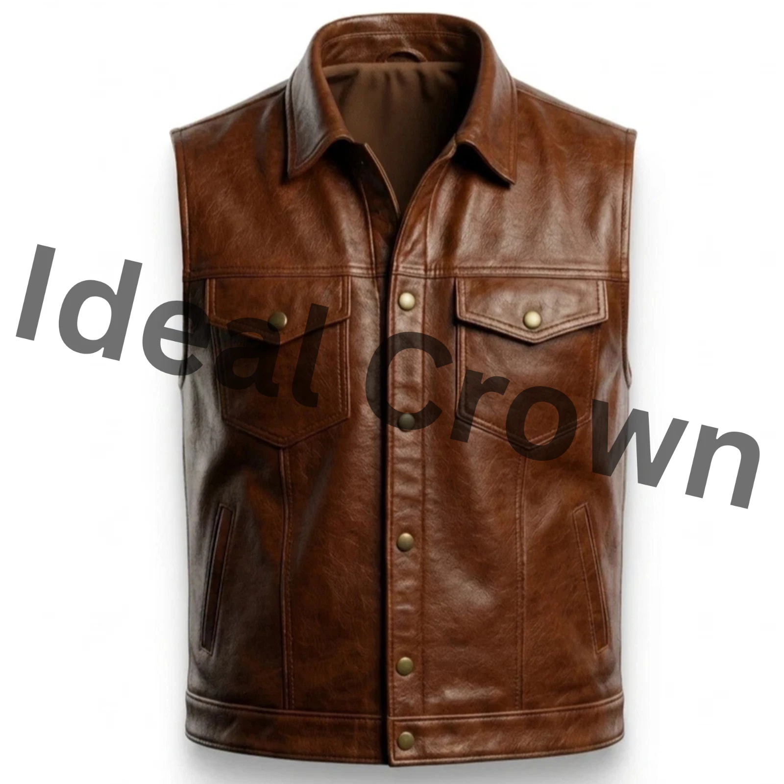 Men’s Brown Leather Motorcycle Vest Western Biker Snap Front Waistcoat