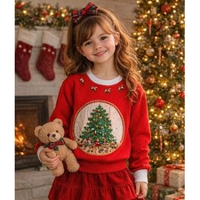 Vintage Hanes Her Way Girls Red Christmas Tree Rocking Horse Sweatshirt L 14-16