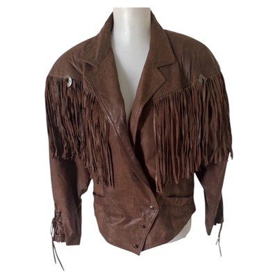 VTG GIII G3 Leather Fringe Bomber Jacket Lined Womens Large Brown