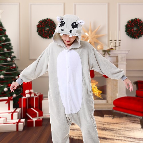 Kids Hippo Unisex Pajamas Christmas Cosplay Costume Hooded One-piece Sleepwear - Picture 1 of 12