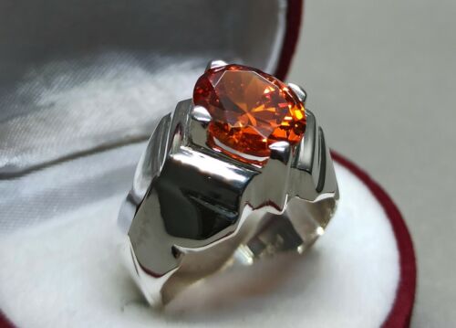 Oval Cut 5 Ct Orange Zircon Mens Ring Sterling Silver 925 Handmade Zircon Ring - Picture 7 of 12