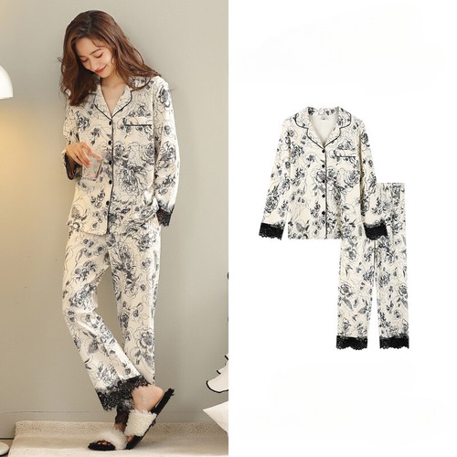 Women's 100% Pure Coton Pajamas Set Floral Printed Sleepwear 2 Pcs Pants Suit - 第 25/25 張圖片