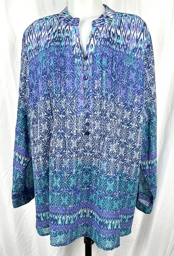 Coldwater Creek Blue Moroccan Ikat Print L/S Popover Lined Blouse Shirt 2X