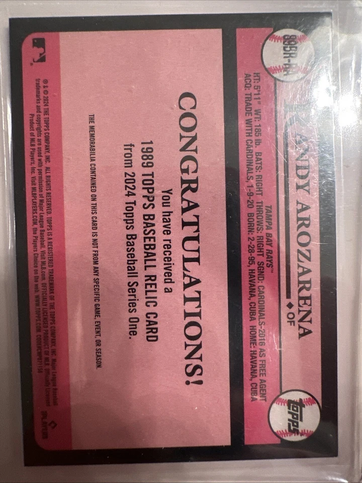 Randy Arozarena Game Used Relic (bat) 2024 Topps Baseball 1989 Design 89BR-RA - Image 2 of 2