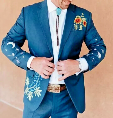 Men 2Pc Designer customized Embroidered Country Western wedding Cocktail  Outfits