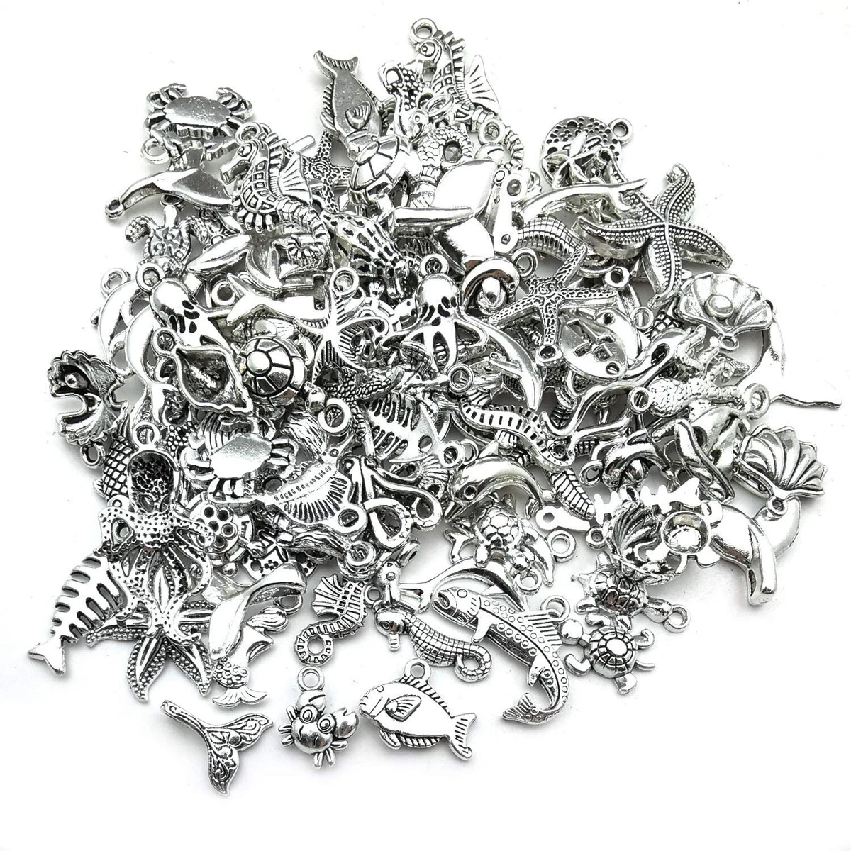 Sea Charms Bulk Lot Ocean Jewelry Making Supplies Beach Themed Silver 100pcs