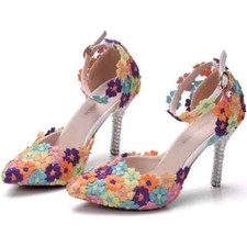 9 CM Women's Lace Floral Wedding Bridal Pointed Toe High Heel Stilettos Shoes