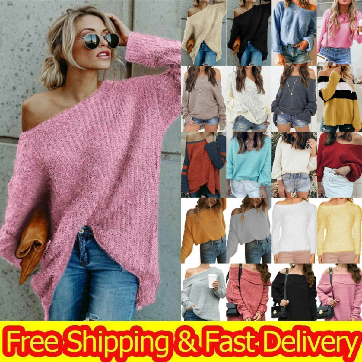 New LADY Loose Off Shoulder Long Sleeve Knit Sweater Jumper Pullover Top  Blouse | eBay