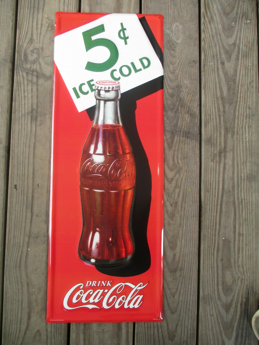Coca-Cola Sign Steel Retro Advertising 5 Cent Bottle Red